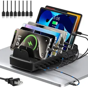 510W   Station for Multiple Devices, 10 Port USB C Charger Station with Flame-Retardant Material & 8 Cables for , Android, iPad, Tablets, Family Office Desk  Dock Organizer