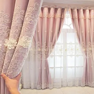 Floral Embroidered Blackout Curtains, Polyester Material, Korean Style Drapes for Living Room & Bedroom Windows, Year-Round Decoration