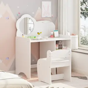 Kids Vanity Table with Mirror and Chair, Wooden Children's Dressing Makeup Desk with Storage Shelves, Study and Activity Table for Girls and Boys, Playroom Bedroom Furniture - White