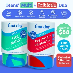 TEEN'S DUO & SAVE (2-PK) - FIRST DAY Teens Multivitamin + Tribiotic Gummies Bundle – Complete Daily Support for Ages 13+ – Vitamins A, C, D3, B12, Folate + 3-in-1 Pre, Pro & Postbiotics – Energy, Digestion & Skin Health – 30-Day Supply