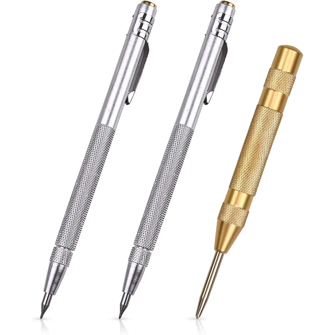 2-Pack Tungsten Carbide Tip Scriber Set - Hand Tool with Brass Automatic Center Punch, Aluminum Etching Tool, Engraving Pen