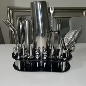Stainless Steel Multi-Size Cocktail Shaker Set (5-23 Pieces) with Black Stand & Cocktail Recipe, 25oz Boston Type Shakers, 25/20oz Options, 750/600ml Home Bar Bartending Tools Kit, Cup, Drink