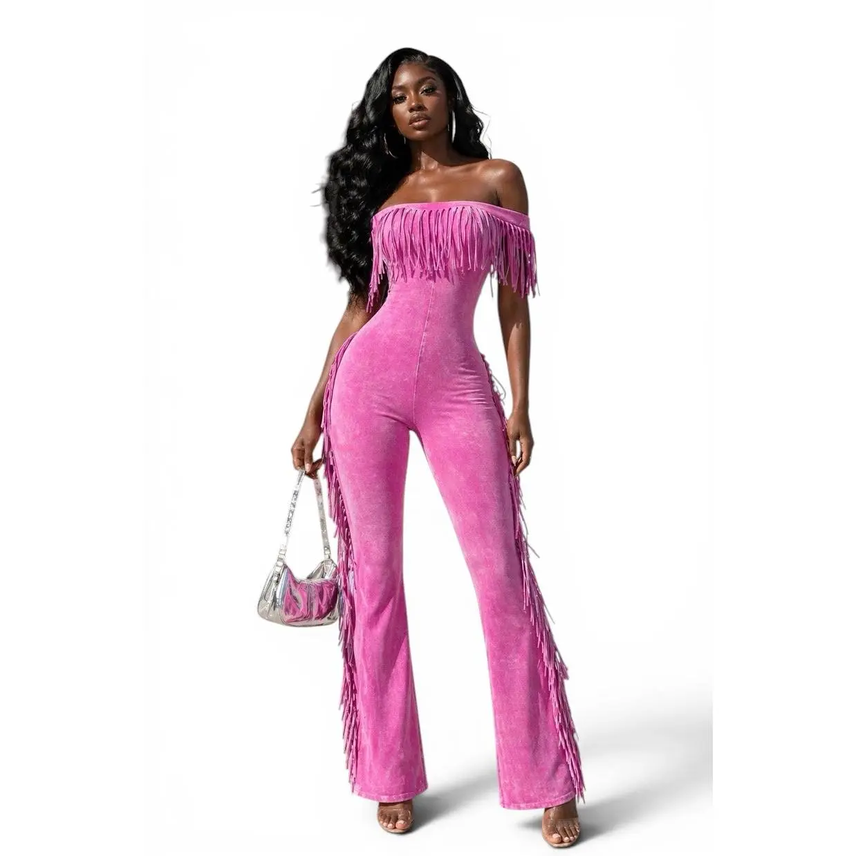 Mineral Wash Fringe Off Shoulder Wide Leg Jumpsuit