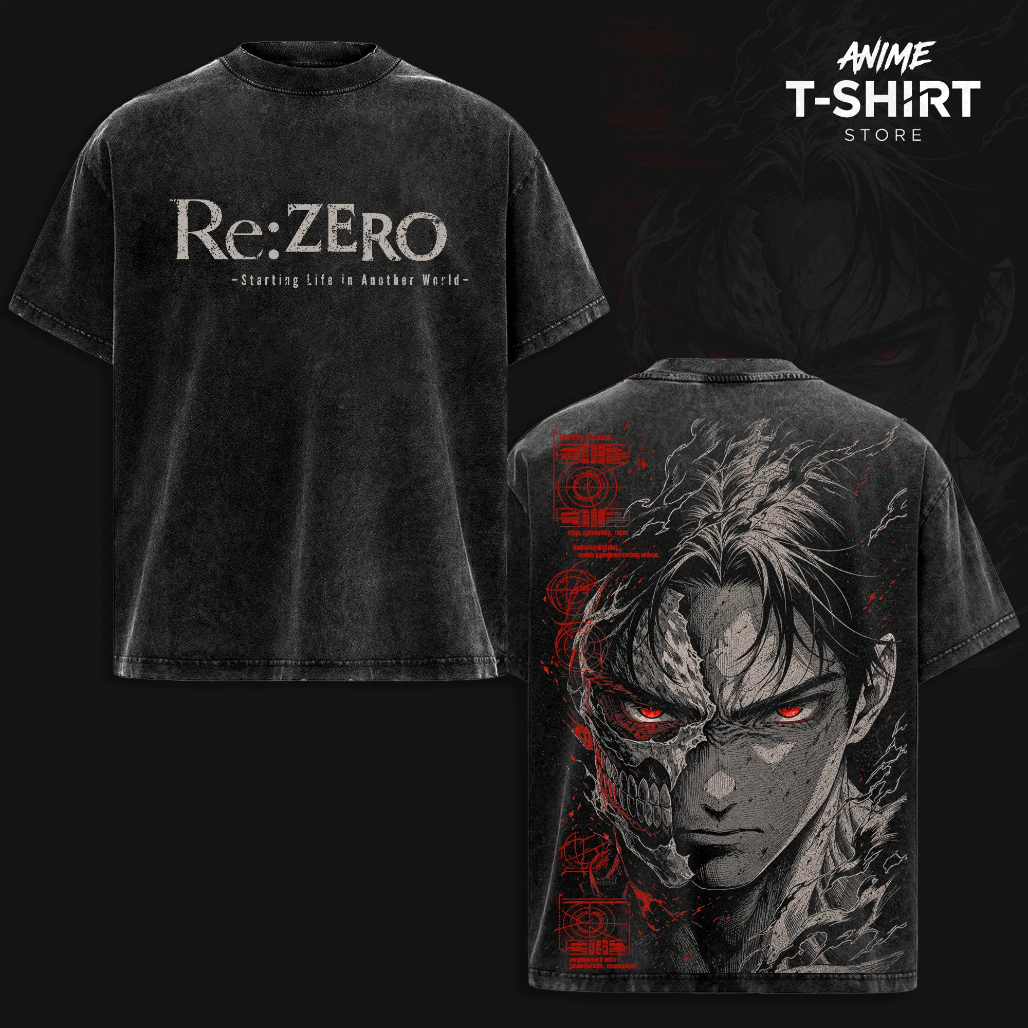 Subaru Natsuki Re:Zero Vintage Wash T Shirt, Half Demon Dark Fantasy Anime Graphic Tee, Double Sided Heavyweight Cotton Oversized Streetwear, Retro Manga Shirt