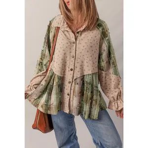 Mist Green Boho Floral Plaid Patchwork Waffle Knit Distressed Jacket