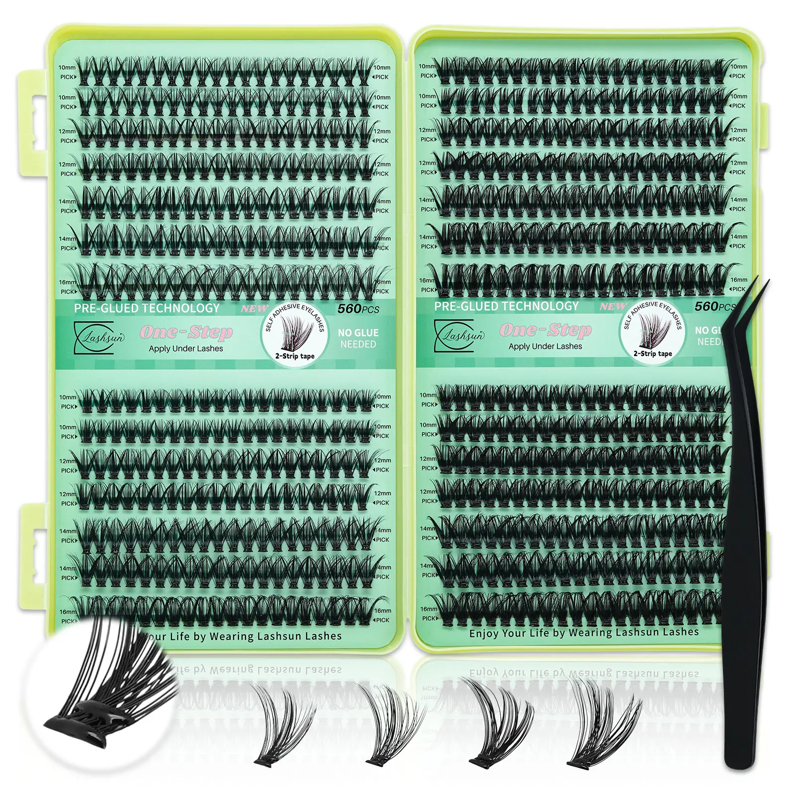 Lashsun 560 Pcs Self Adhesive Eyelashes Book, 4 Styles Large Capacity D Curl Self Adhesive Natural Lashes, No Glue Needed, 2-Strip Tape - Longer Lasting, Pre Glued Eyelashes with Tweezers Easy to Use