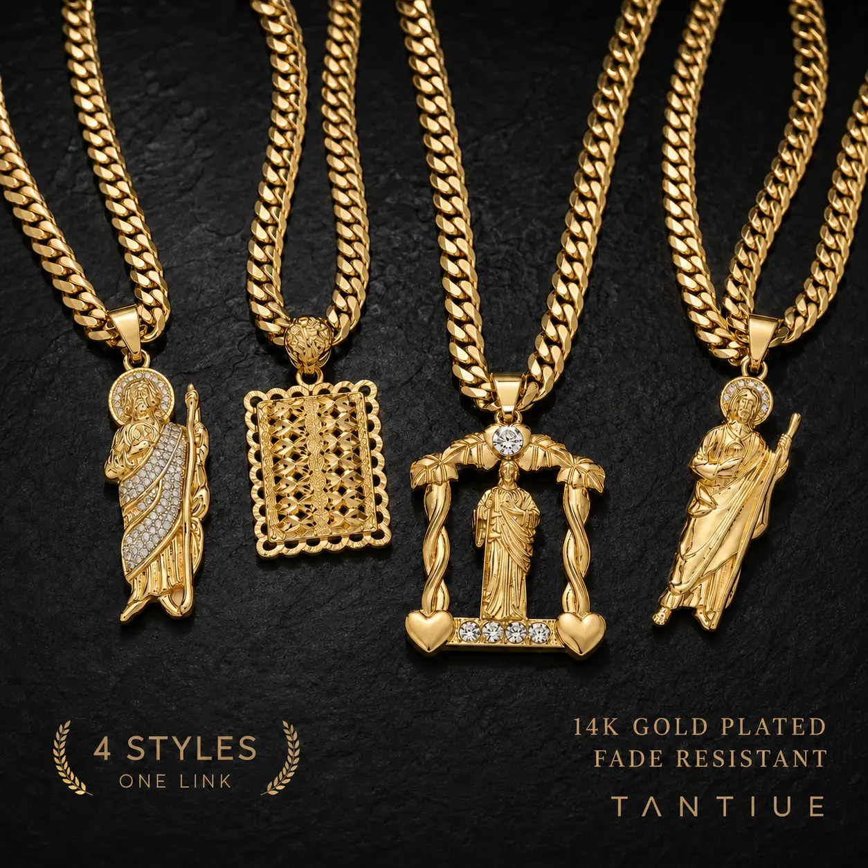 TANTIUE Jesus Pendant Cuban Link Necklace 14K Gold Plated Religious Jewelry 4 Styles Men Gold Chain Gift for Him backtoschool
