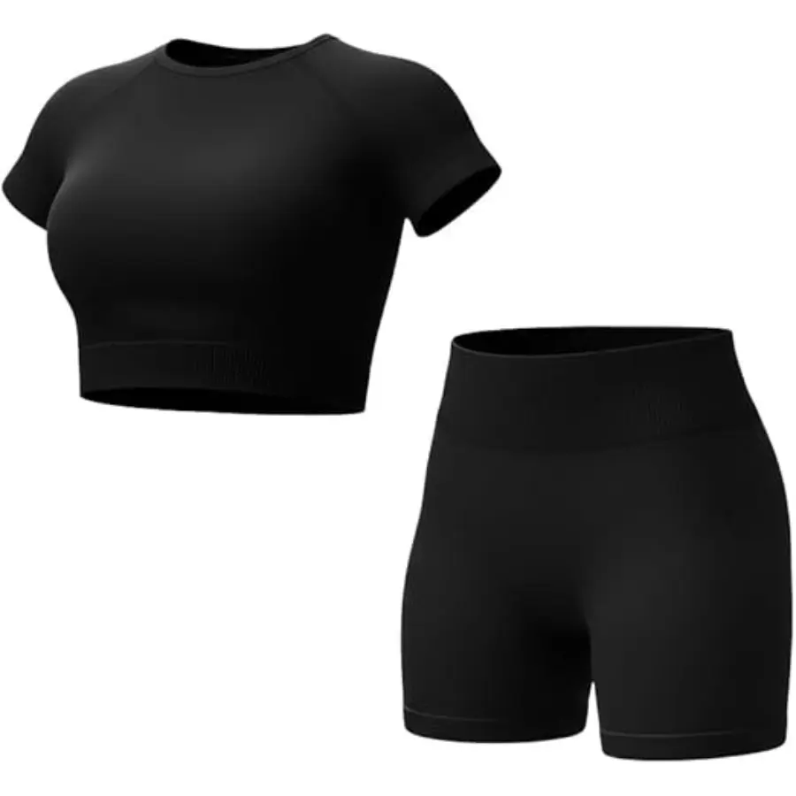 Women's Seamless Workout Set, 2-Piece Plus Size Moisture-Wicking Crop Top and High-Waisted Shorts for Gym & Yoga, Nylon-Blend
