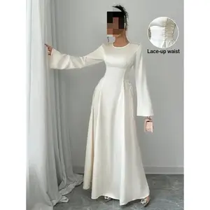 Elegant Apricot A-Line Cinched Waist Flare Sleeve Dress Maxi Satin Women Outfit Formal Womenswear