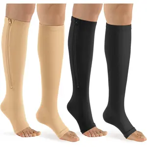 Zipper Compression Socks Women & Men - 2Pairs Calf Knee High 15-20mmHg Open Toe Compression Stocking for Walking