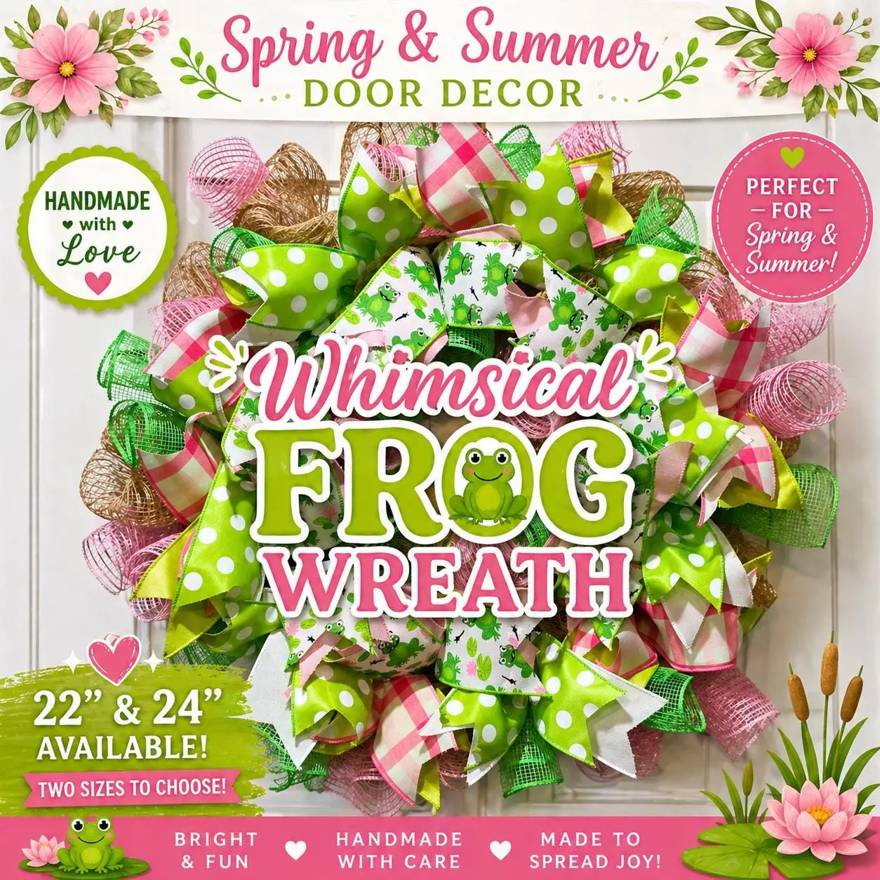 Whimsical Frog Wreath | Handmade Spring & Summer Door Decor | 22” or 24” Custom Wreath