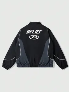 Retro Racer Style Windbreaker Jacket - Black Gray Color Block Zip-up with White Piping and Collar, Unisex Techwear Lightweight Fall Outerwear, Y2K Motorcycle Coats, Casual Fashionable Jacket, Streamline Performance Jacket
