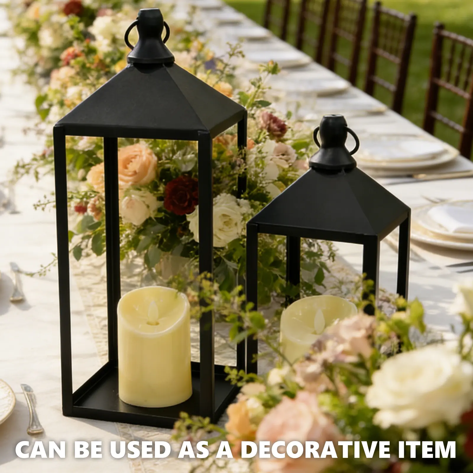 Black Retro Decorative Lantern with LED Flameless Candle, Battery Powered Tabletop Lantern for Home Wedding Party Patio Decor