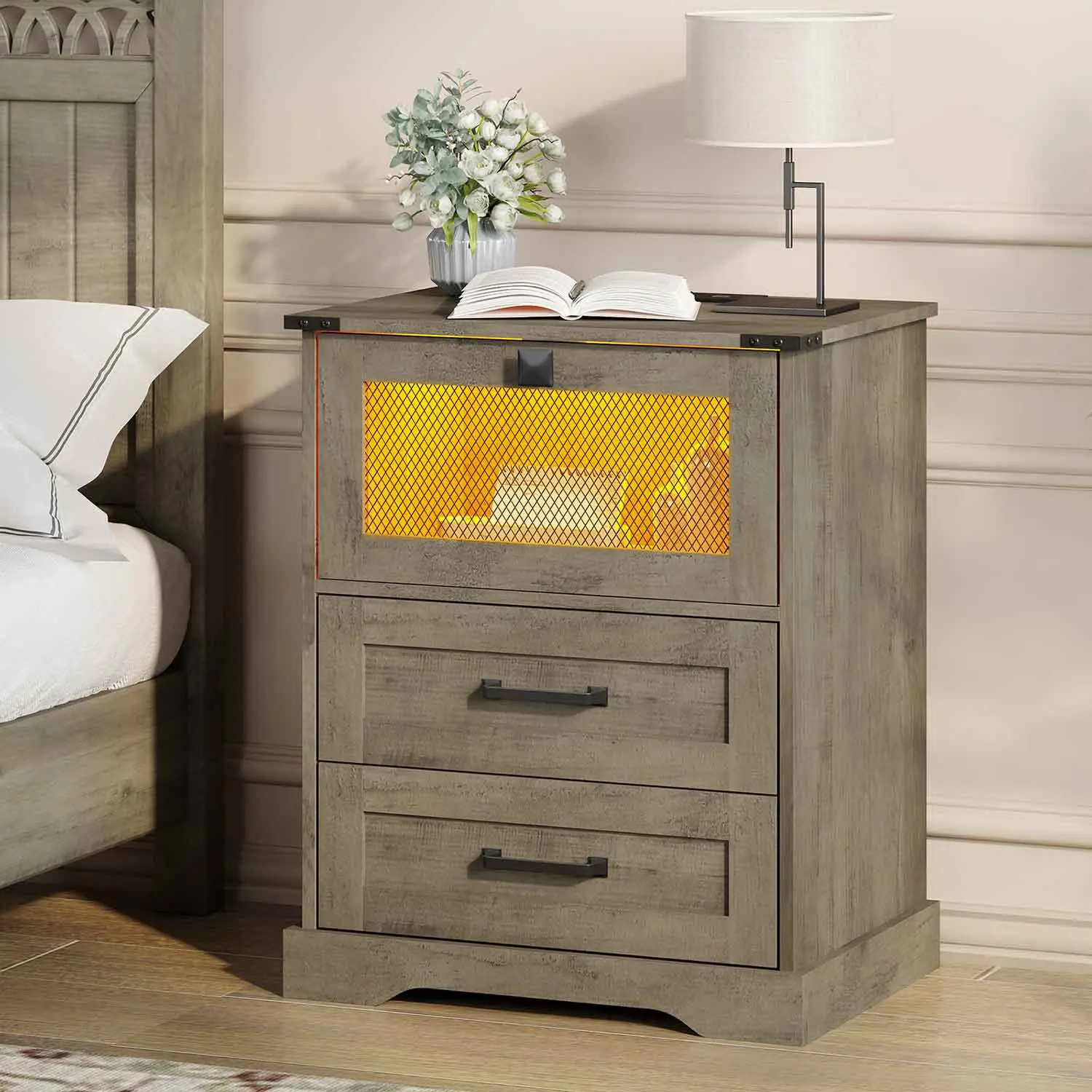 SIKAIC Oak Grey LED Nightstand - Single Unit Bed Side Table with Charging Station, 2 Storage Drawers, Modern Bedroom Side Table, Assembly Required (Requires Assembly Note)