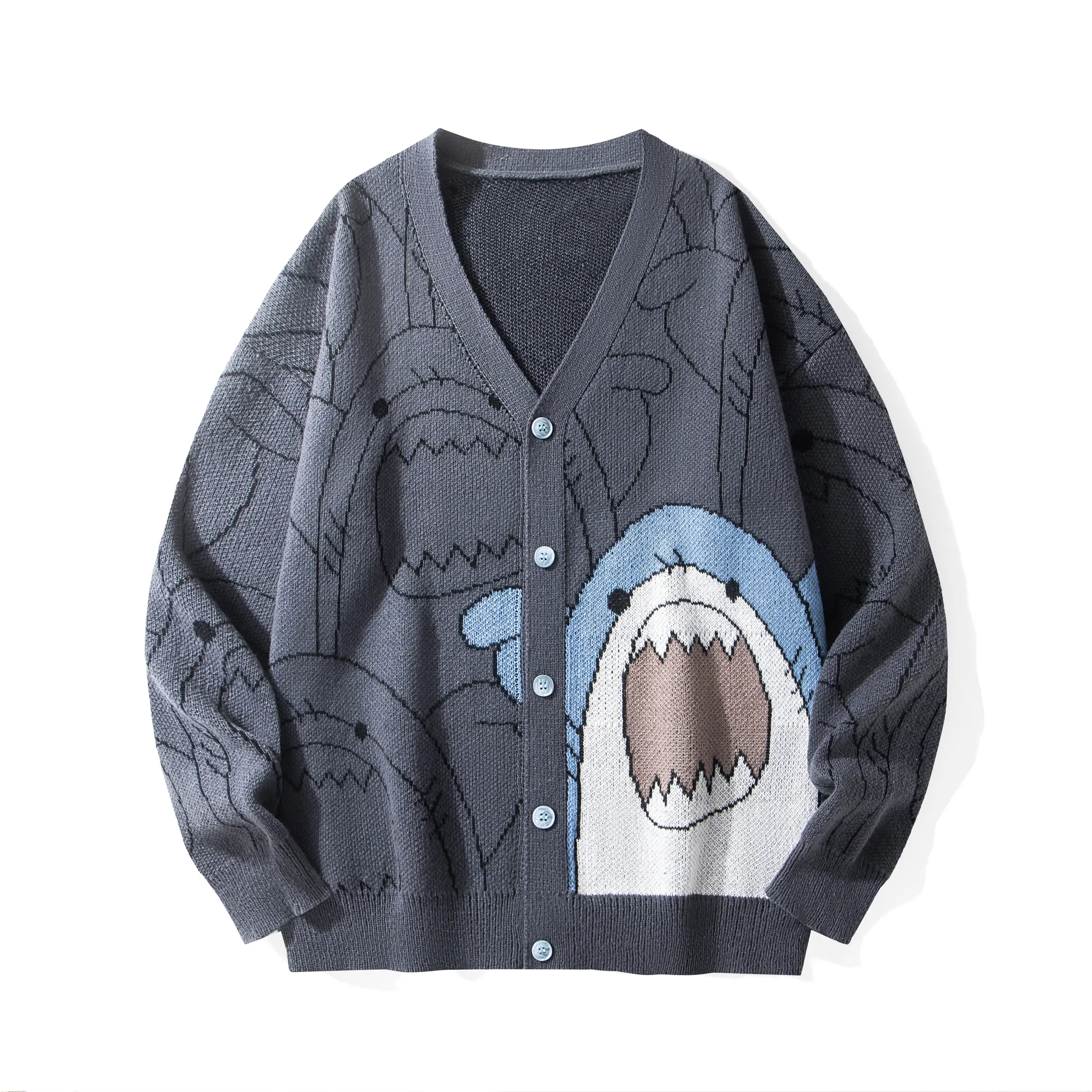 Menswear Men's V-Neck Button-Up Cardigan Pullover, Premium Soft Fabric, Playful Shark Cartoon Jacquard Knit, Loose-Fit, Casual Daily Streetwear Top Menswear Knitwear Unisex Stylish
