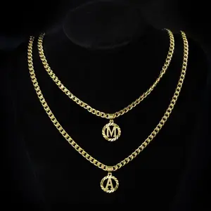 14 Karat Gold Plated Initial Necklace, Hollow Letter Capital Monogram Pendant, 5mm Cuban Chain, Unisex A-Z Alphabet Jewelry - Valentine's Day Gift for Unisex Wear