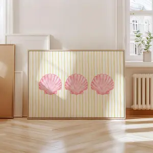 Pink Seashells & Yellow Stripes Print, Beachy Wall Art, Summer Vibes Home Decor, Must-Have Basic, Always Handy, Classic Cuts, Always On Point