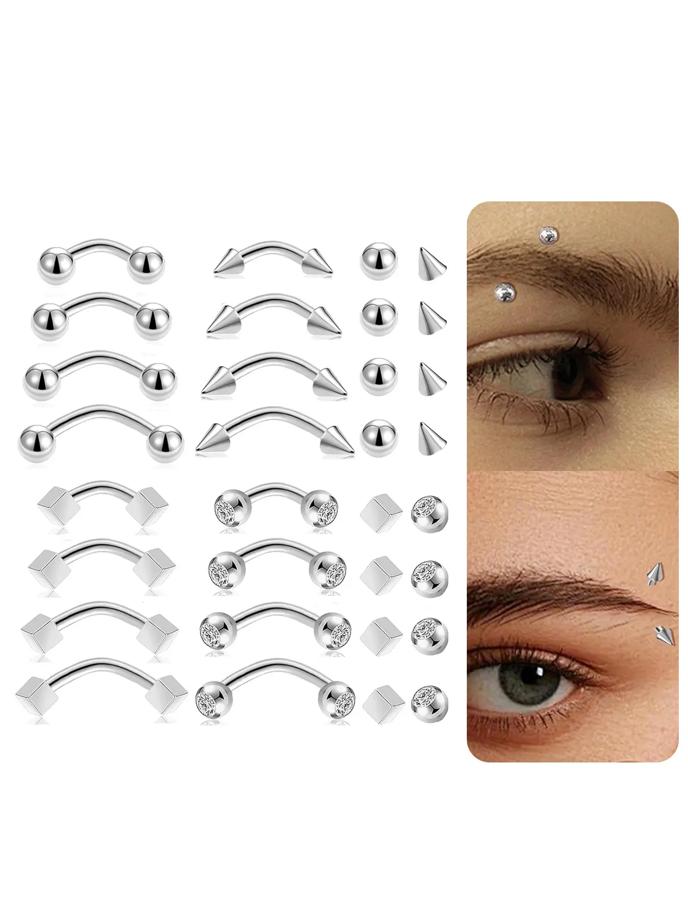 16Pcs Eyebrow Piercing Jewelry 16G Surgical Steel Curved Barbell Vertical Labret Lip Navel Belly Button Tongue Rings Rook Daith Tragus Earring Septum Clicker for Women Men Silver Gold Tone 6mm/8mm/10mm/12mm Piercings Kits Body Piercing Jewelry