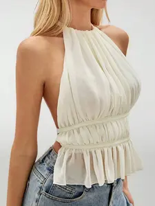 SAMPLEI Women's Pleated Halter Neckline Waist-Tied Backless Tank Top