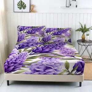 3 Pcs White Base Purple Hydrangeas & Lavender Fitted Sheet Set, 1 Fitted Sheet & 2 Pillowcases (no filler), Purple Hydrangea & Lavender Pattern, Fits Bedroom/Dorm/Natural Healing Homestay, Ideal for Home Lovers/Students/Birthday Gifting