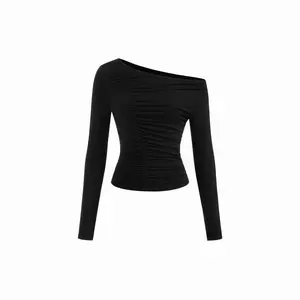 Cider Asymmetrical Neckline Long Sleeve Ruched Tee Dealsforyou
