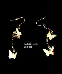 Lady Butterfly Earrings 14K Gold Plated over Stainless Steel Elegant Design Chain Connected Butterflies