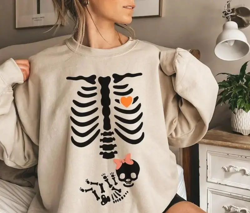Skeleton Halloween Maternity Shirt/Sweatshirt, Pregnancy Announcement Shirt, New Baby Girl Pregnant Women Costume, Mom Sweater, Mama To Be - AMBER
