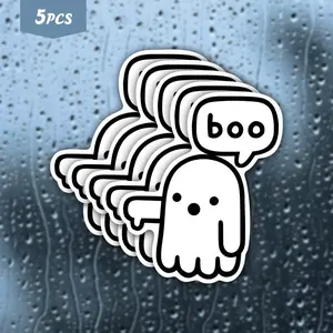 5Pcs "Boo" Cute Ghost Waterproof Vinyl Sticker, Kawaii Spooky Ghost Self-Adhesive Decal, Suitable For Water Bottles, Laptops, Journals, Ideal For Halloween Fans, Ghost Lovers And Cute Kawaii Vibe Enthusiasts