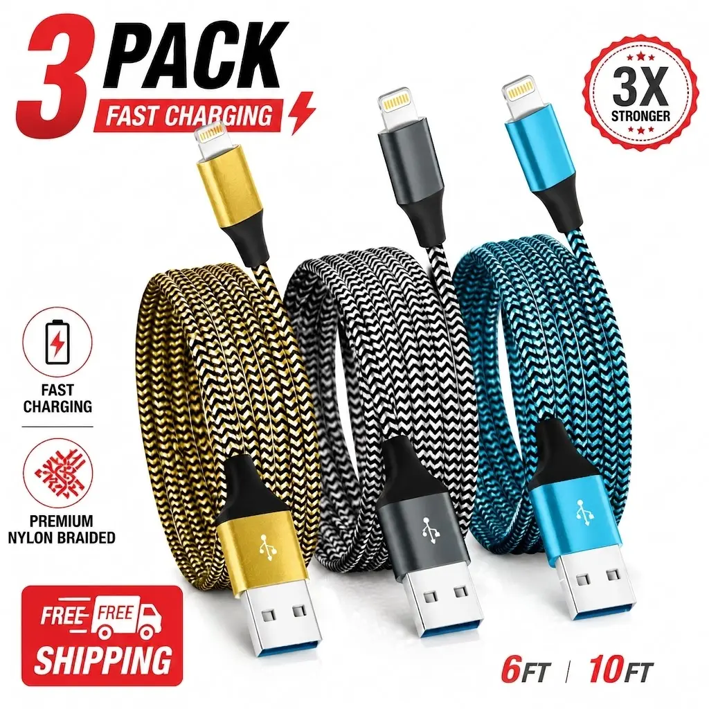 MFi Certified 3-Pack USB to Lightning Charging Cable, Nylon Braided Fast Charging Cord, 2.4A Charging Speed, Compatible with iPhone 14 Plus/Pro Max/13/12/11/XS/XR/8 Plus/7/6/SE, iPad & More, Durable with Colorful Cover，,summerwins