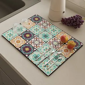 Silicone Heat-Resistant Placemat – Vintage Moroccan Tile Pattern Non-Slip Dish Drying Mat, Super Absorbent Kitchen Countertop Mat for Decoration
