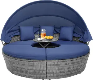 Round Outdoor Daybed with Canopy, Rattan Wicker Sectional Sofa Set w/Cushions