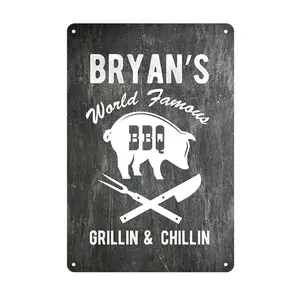 BBQ Grill Decor Personalized Flat 8x12 Inch Waterproof Rustproof Fade Resistant Aluminum Metal Sign World Famous Pig Graphic Wall Art for Backyard Grill Masters BBQ Lovers Perfect Gift Patio/Man Cave Indoor Wall Decoration