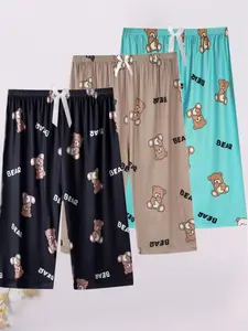 3-Pack Women's 7/8 Sleep Pants, Bow Print, Plus Size Bear Cartoon, Summer Loose Fit, Casual Home Wear, Lightweight Comfortable, Loungewear