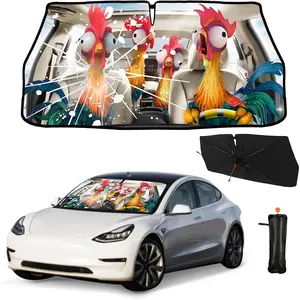 Funny Rooster Car Umbrella Sun Shade Cover Funny Foldable Car Windshield Sun Shade Umbrella Block UV Rays Heat Keep Vehicle Cool for Cars SUV Trucks 57"x30"