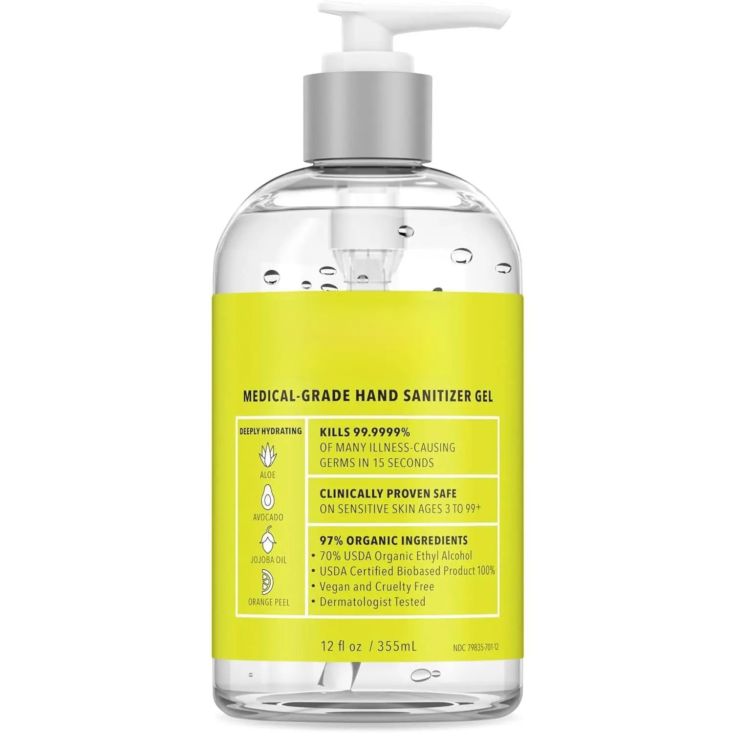 Medical‑Grade Hand Sanitizer Gel – 97 % Organic | 70 % USP Ethyl Alcohol | Moisturizing Aloe + Hyaluronic Acid | Freshly Made in USA | 12oz Bottle with Pump
