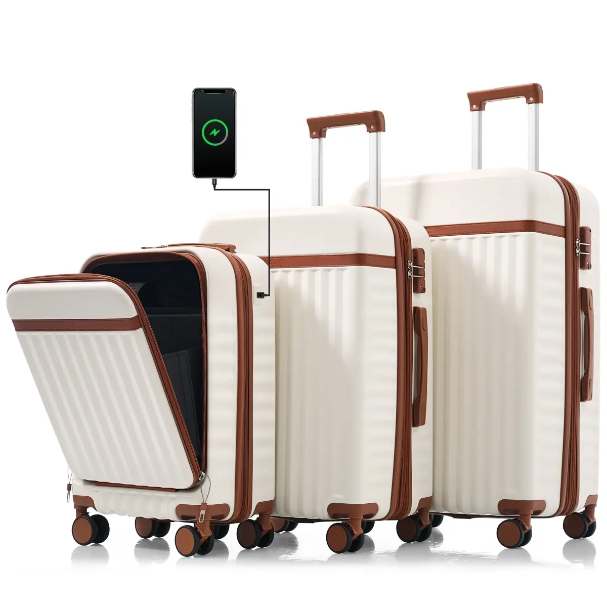 Luggage Set of 3, 20inch with USB Port, front opening design Airline Certified Carry on Luggage, ABS Hard Shell Luggage 20/24/28 IN with Spinner Wheels,White and Brown