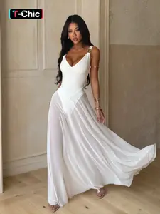 Women's Plain Deep V Neck Tulle Sheer Cami Lightweight Fit Dress, Elegant Chic Sleeveless Maxi Dress for Evening Party Holiday Wedding Guest Formal Wear, Ladies Summer Clothes, Brunch Dresses