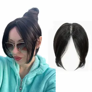 Side Bangs Human Hair Toppers Clip in Hair Bangs for Women 10 inches Mid Part Straight Wiglets Hairpieces Toupee for Mild Hair Loss Volume Extensions