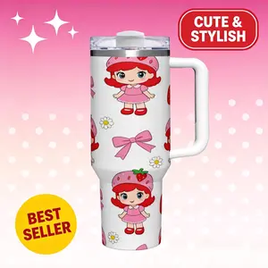 40oz Insulated Tumbler with Handle and Straw, Strawberry Girl Pattern Stainless Steel Travel Cup, Double Wall Vacuum Mug Keeps Drinks Cold Hot, Large Capacity Water Cup for Home Office Car and Outdoor Use, Stainless Steel Thermos