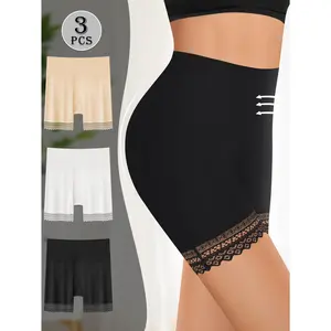 QUASTI 3PCS High-Waisted Seamless Lace Women's Shorts Briefs, Random Solid Color Skin-friendly Invisible Panty, Elastic Soft Knickers Underwear Safe Sports Shorts, S-XXL