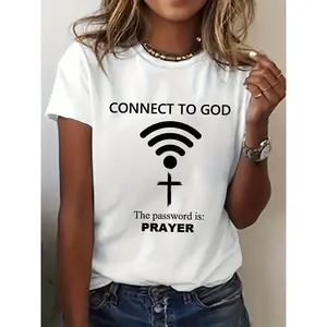 [Jesus Prayer T-Shirt] Funny Letter Print T-Shirt |   "Connect to God" Jesus Prayer - Women's Short Sleeve Crew Neck Casual Top for Summer & Spring, Polyester Blend