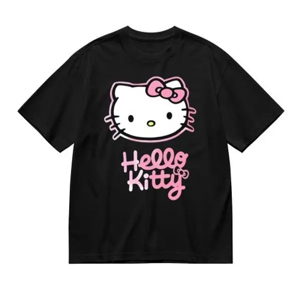 Hello Kitty Short-Sleeve T-Shirt - Bold Outline Kitty Head, Pink Lettering Art, Ideal For Sanrio Enthusiasts, Weekend Hangouts