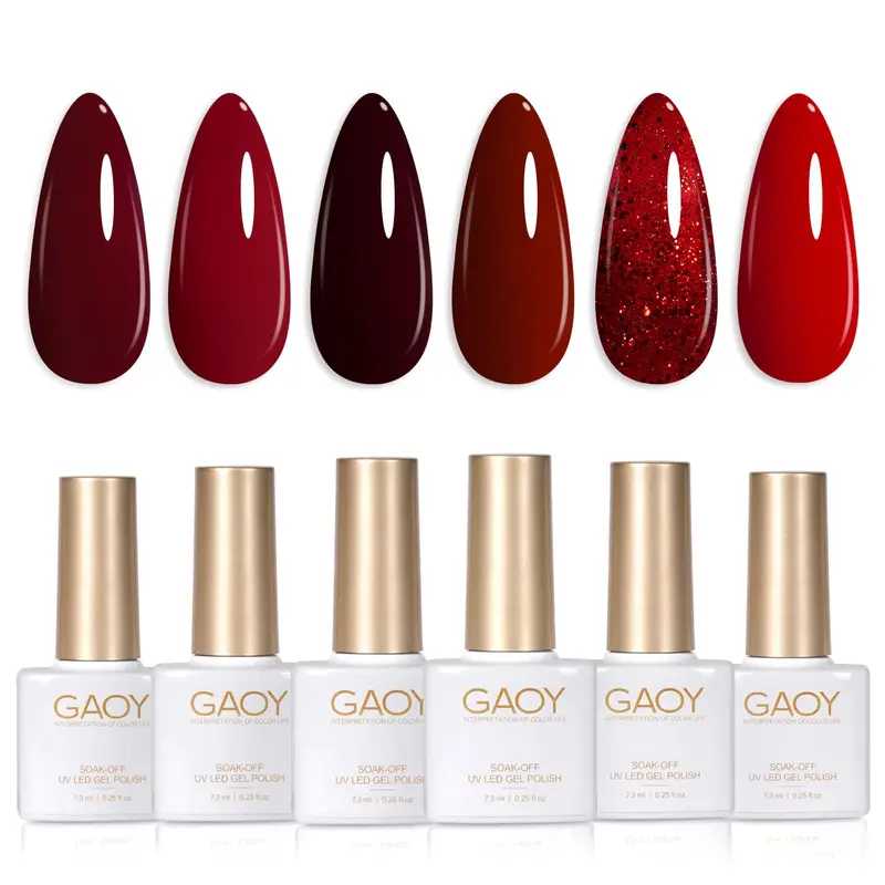 GAOY Burgundy Red Gel Nail Polish Set, 6 Colors Dark Cherry Wine Red UV Gel | Christmas New Year Nail Art, UV Lamp Required, Pigmented, Long Lasting, Easy to Apply, Salon Manicure at Home, Gift for Women