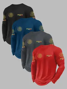 Men's Mexican Pattern Printed 4-Piece Set – Breathable Fitted Top & Long Sleeve Outfits for Casual Sports, Athletic Fashion Activewear, Athletic Shirt, All Seasons Wear