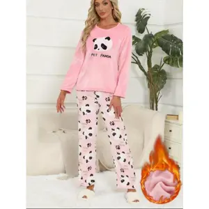 Two-Piece Autumn Winter Fuzzy Cartoon Panda Print Pajama Set, Sweet Cute Casual Round Neck Long Sleeve Long Pants Home Wear