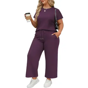 Plus Size 2 Piece Lounge Sets Women Casual Travel Vacation Sets Short Sleeve Wide Leg Matching Clothes