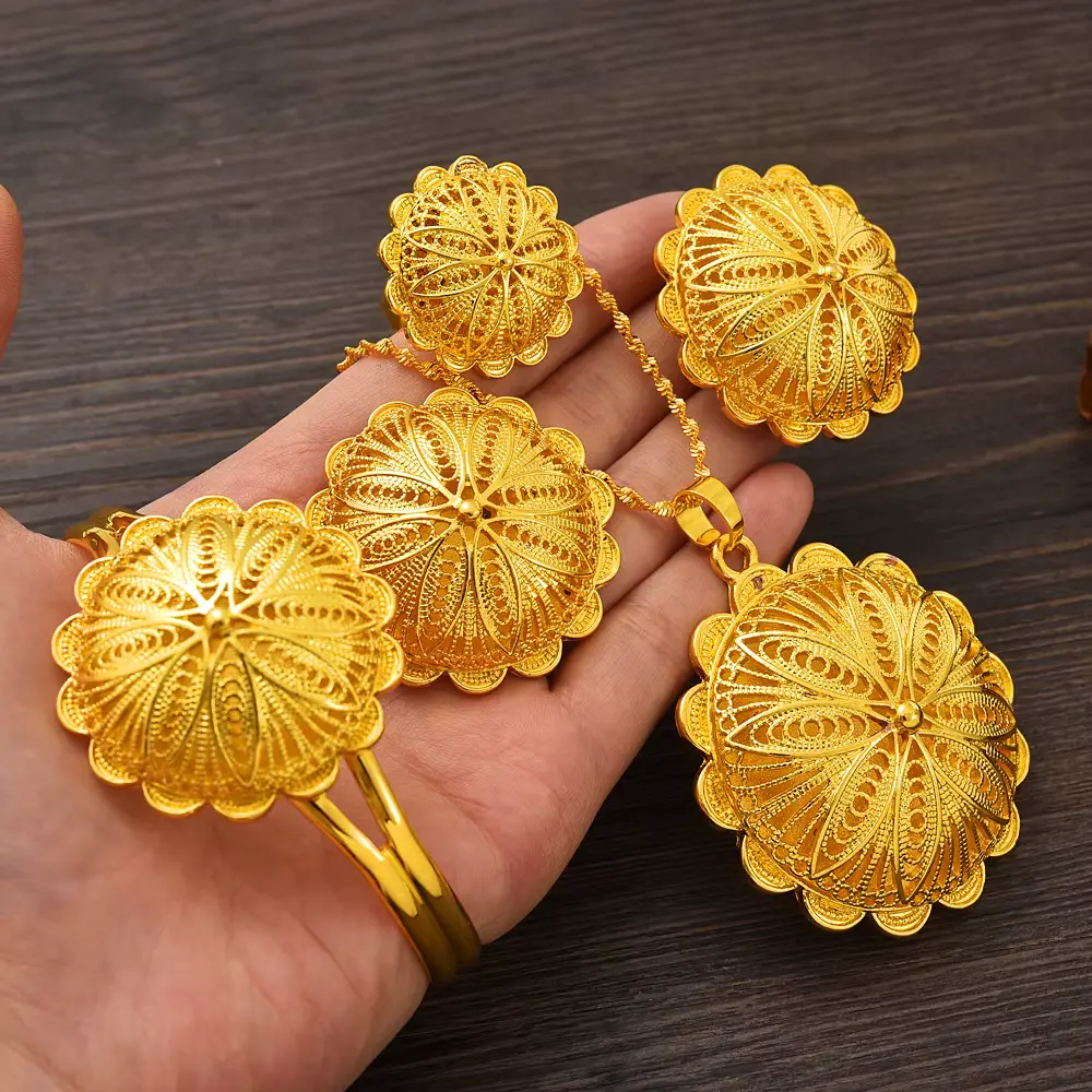 Ethiopian SunFlower Lily Jewelry | Eritrean Party Jewelry 5 Piece Set | Necklace, Earrings, Bracelet, Ring & Head Ornament (24KGP) | Habesha