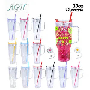 AGH US New 10/12pcs 30oz Snow Globe Acrylic Plastic Car Mugs Double Walled Travel Handle Tumbler with Straw Topper