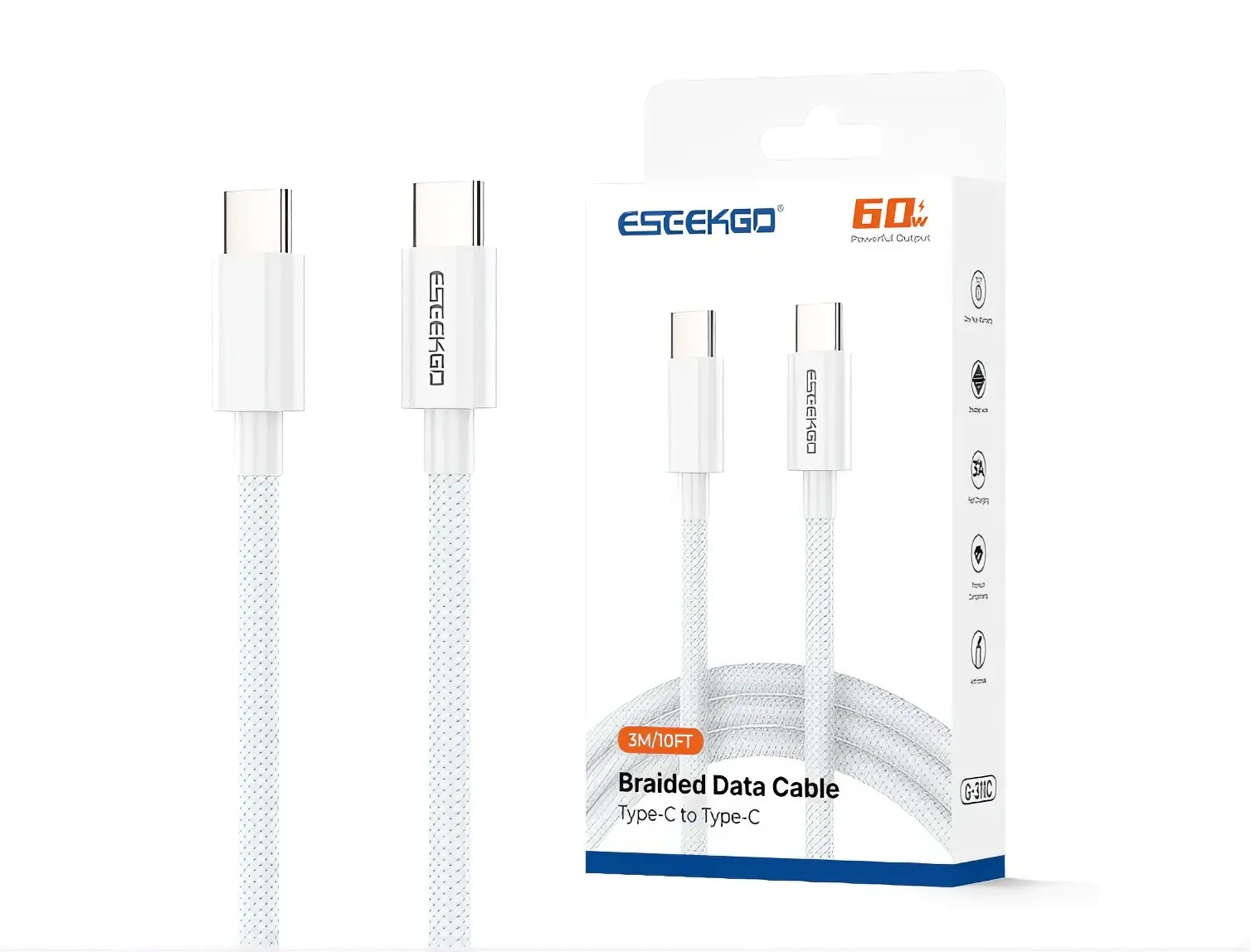 3M/10FT Braided Data Cable Type-C to Type-C 60W Power Delivery Fast Charging USB-C Cable