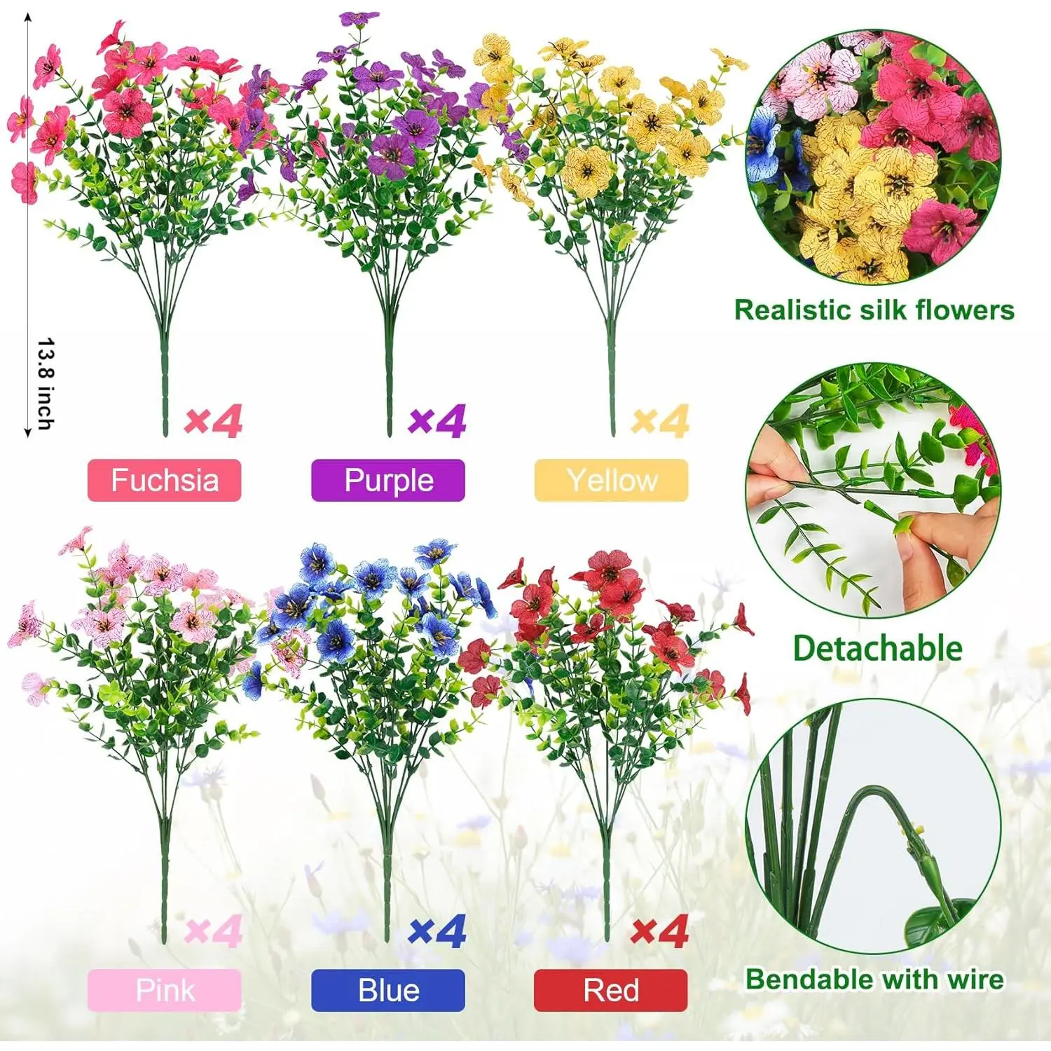 Ouddy Decor 24 Bundles Artificial Flowers for Outdoors Fake Silk